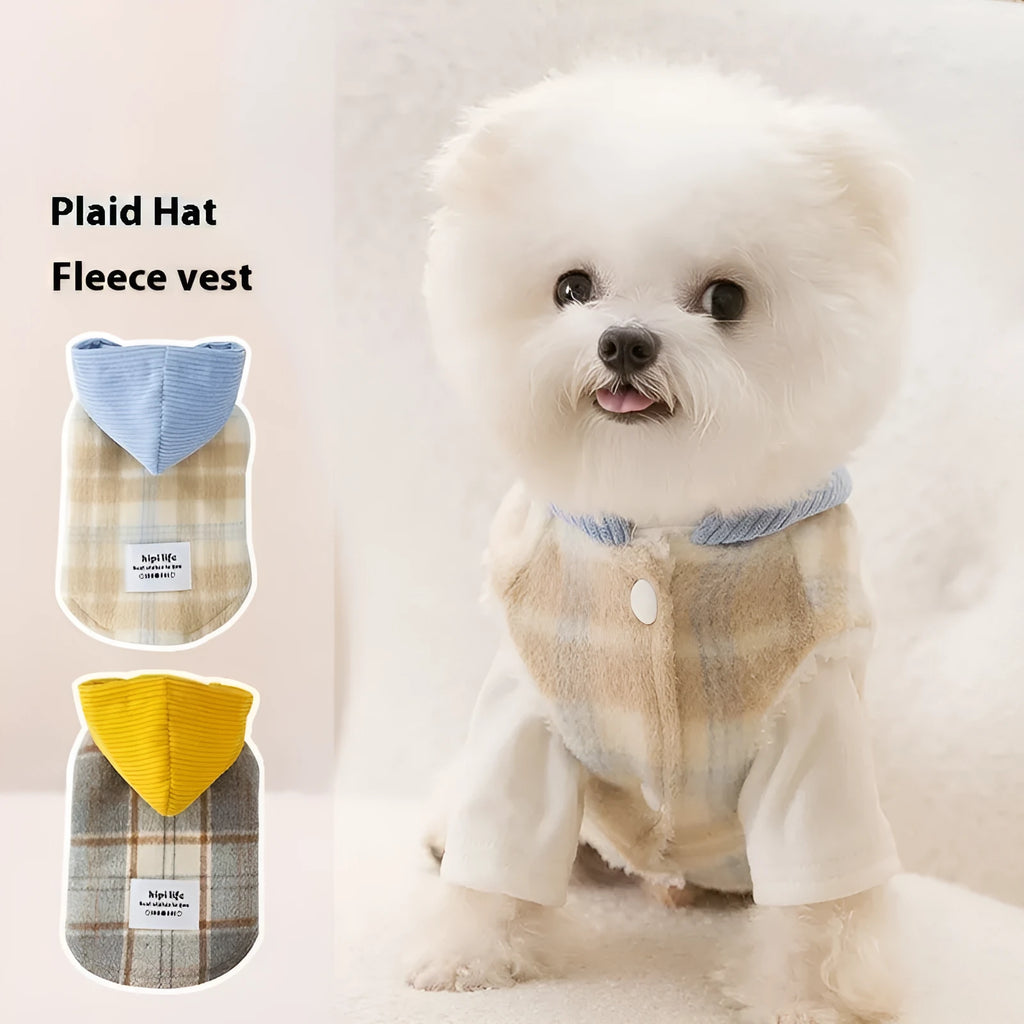 Blue corduroy chessboard pattern hooded vest for dog on size chart showing weights from 0.5kg to 10kg