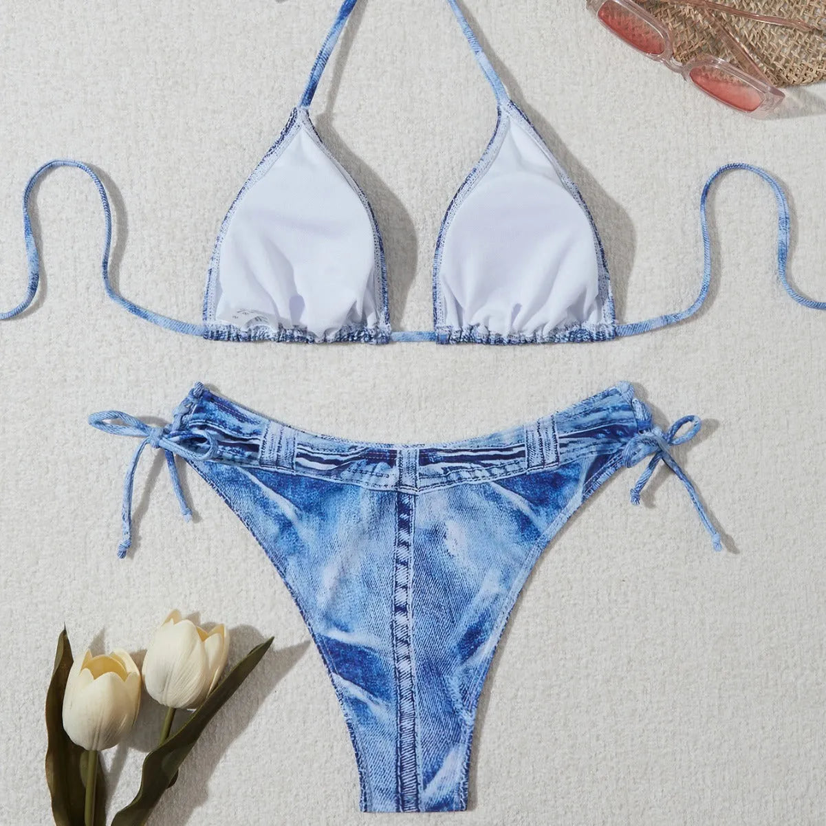 Women's denim print bikini set with adjustable straps in denim blue colour