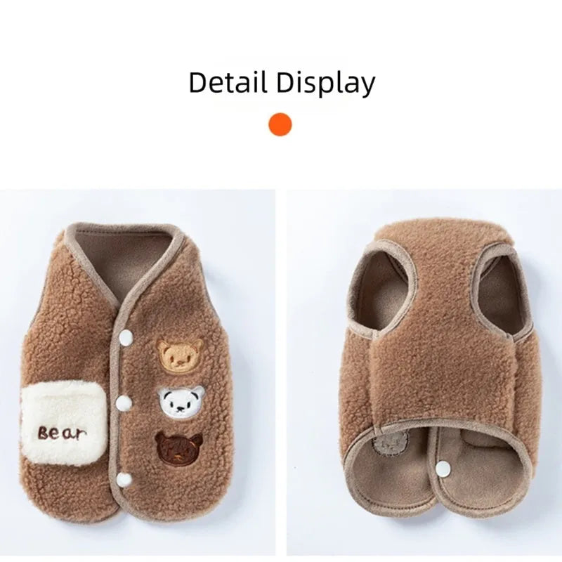 Warm fleece dog jacket with bear embroidery for small breeds, side-button closure, available in brown and white.