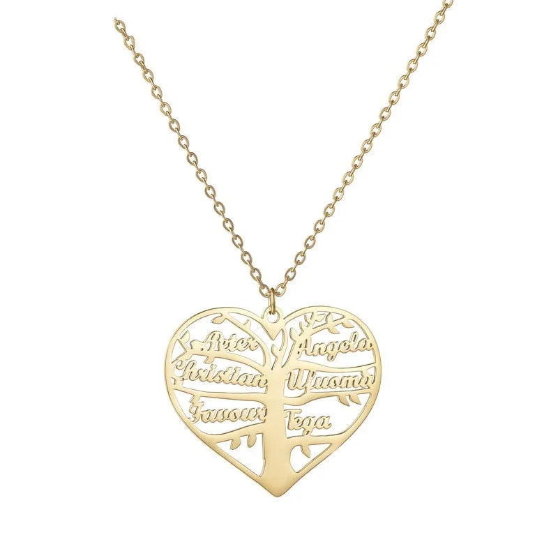 Custom engraved name necklace with hollow heart family tree pendant in stainless steel.