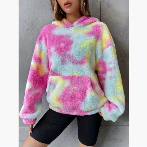 Women's rose red tie-dye half-open zipper plush pullover top with thick polyester fabric