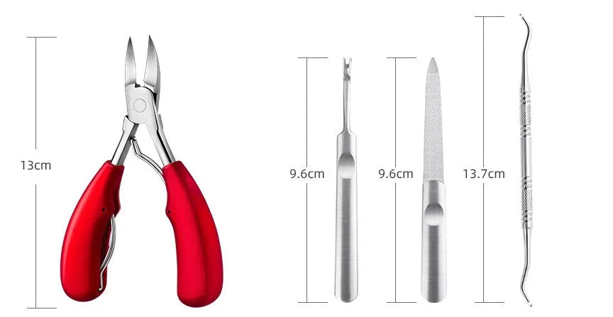 Stainless steel nail clippers on a white background showing red trumpet and black olecranon design variants.