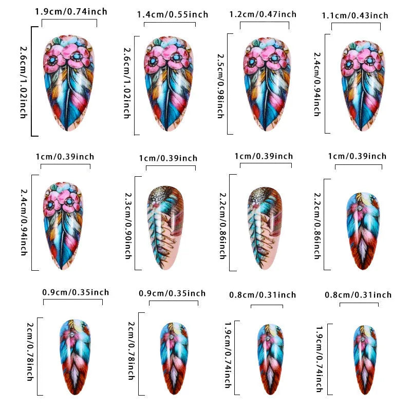 Colourful retro nail art stickers with feather, cartoon flower, heart, and butterfly designs on a plastic sheet.