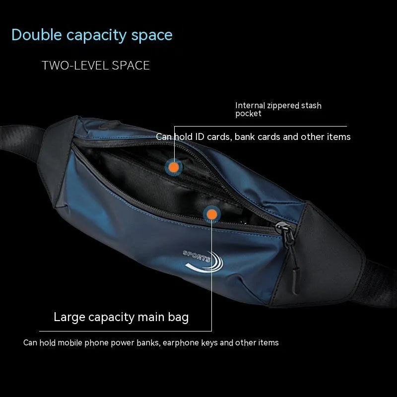 Men's waterproof waist bag in black, blue, and grey colours with 45cm by 10cm by 3cm dimensions
