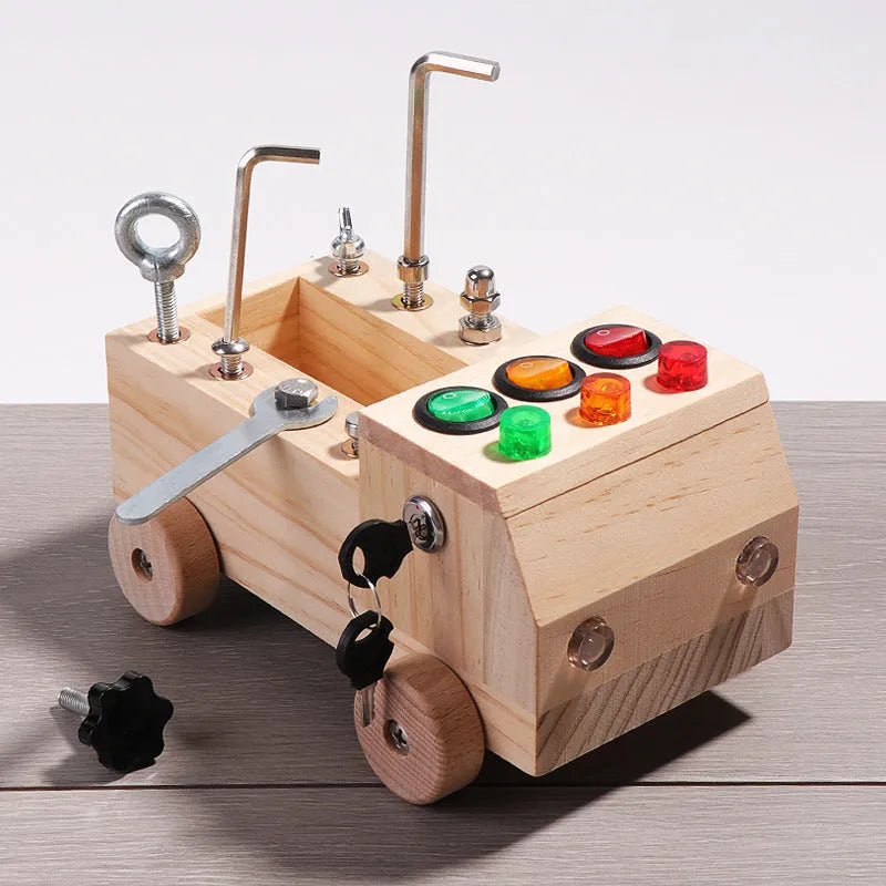 Children's wooden early education switch screw tool car colourful light nut design