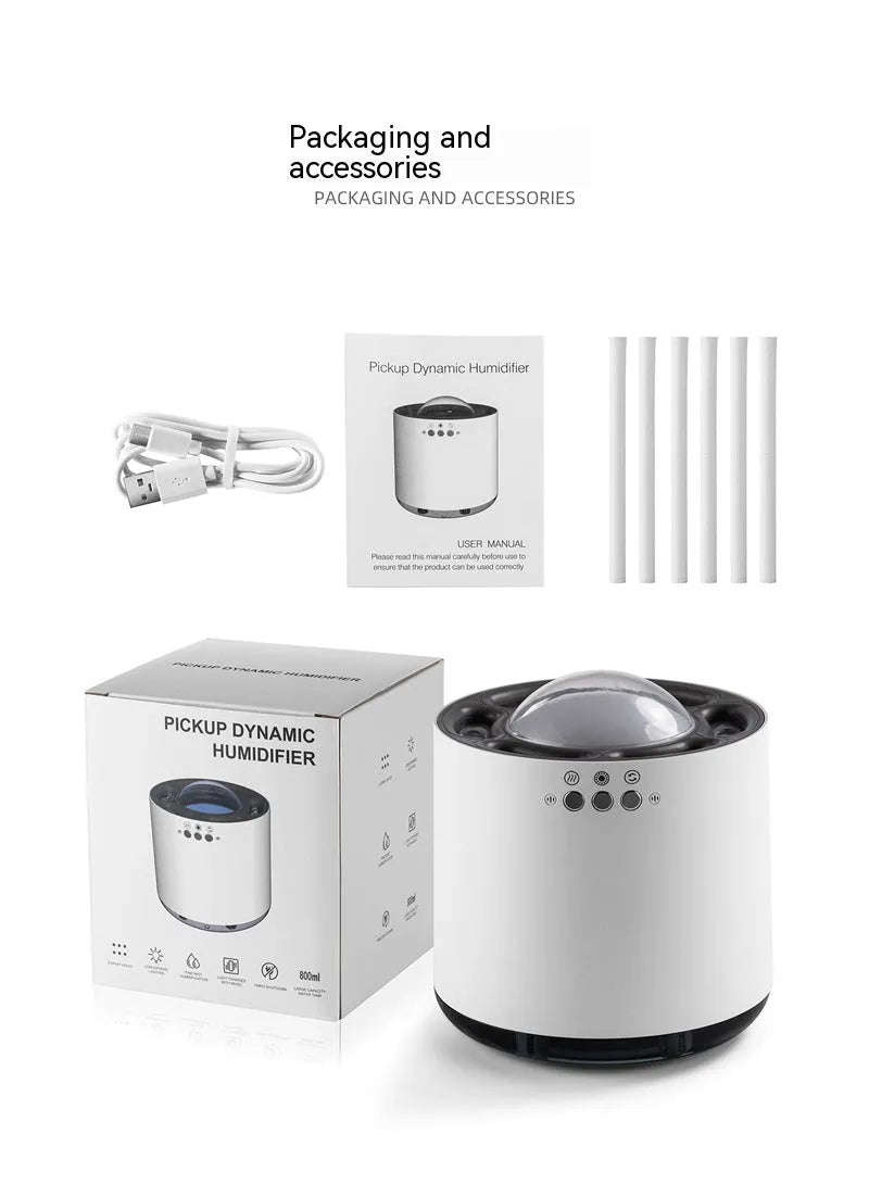 Simple white column desktop humidifier with colourful ambient lighting and six ultrasonic spray ports, 800mL tank, USB powered.