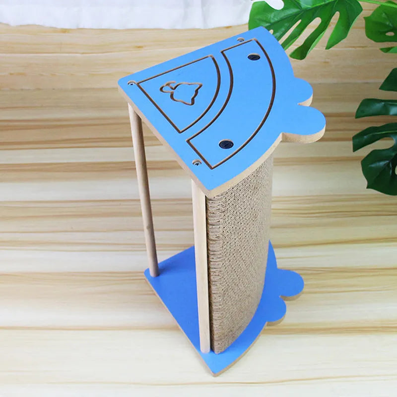 Grey cardboard corner cat scratcher with hanging ball toy attached