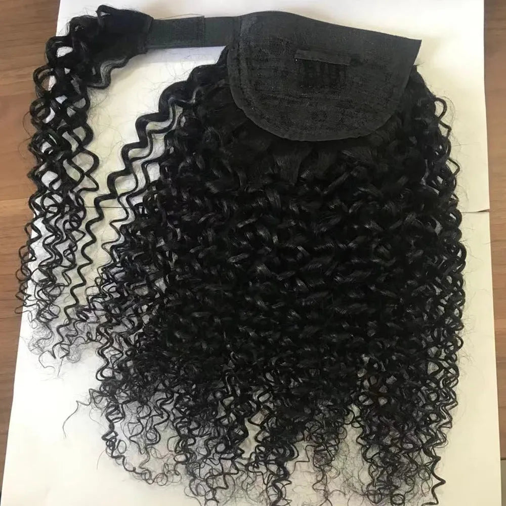 Human hair ponytail with Velcro fastening in natural kinky curly texture on black background
