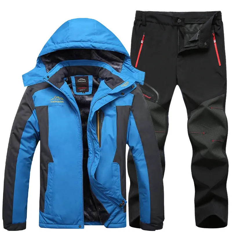 Men's outdoor windproof jacket set with pants in black and army green colour blocking, polyester fabric, for hiking and camping.