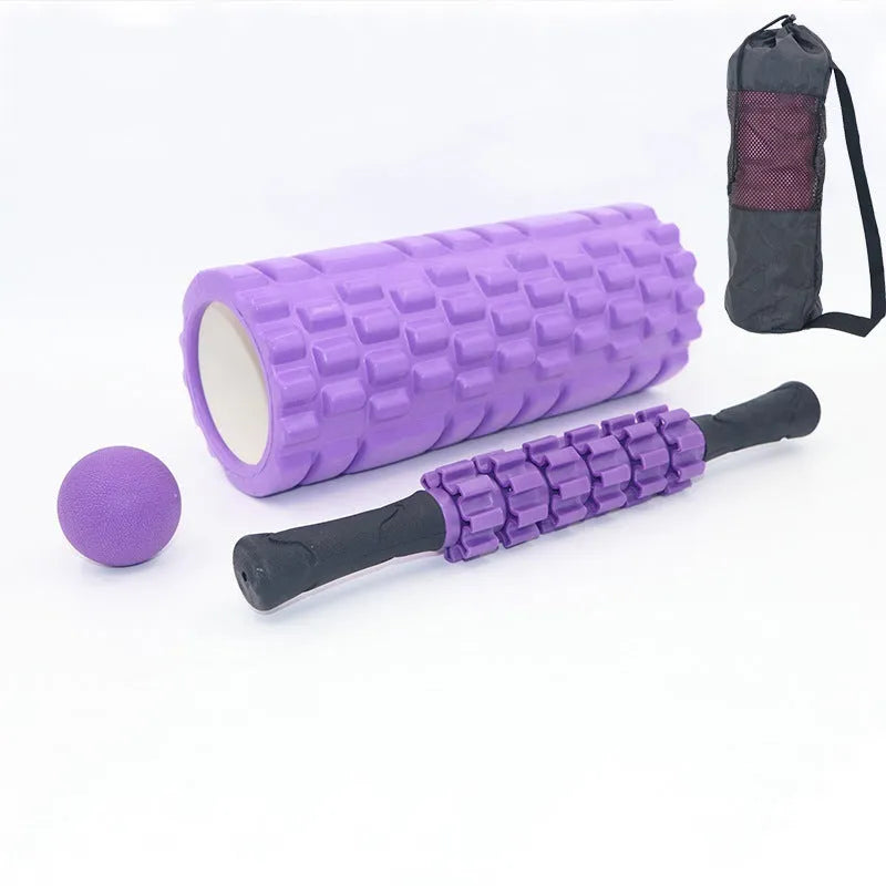Black handheld foam massage roller stick with six gear pieces, 33cm long