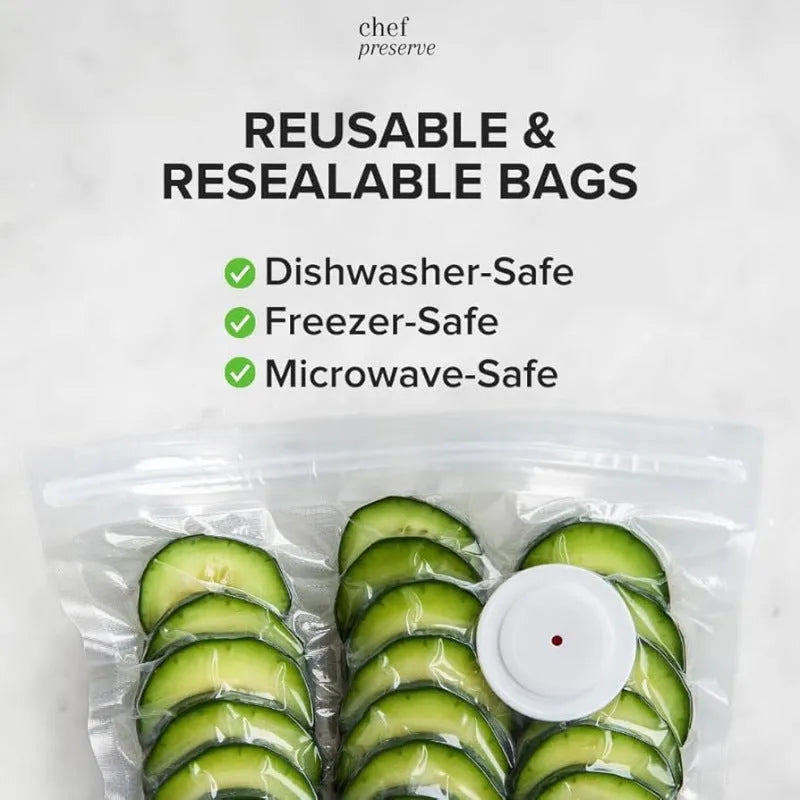 White USB vacuum food sealer with five 26x28cm plastic storage bags