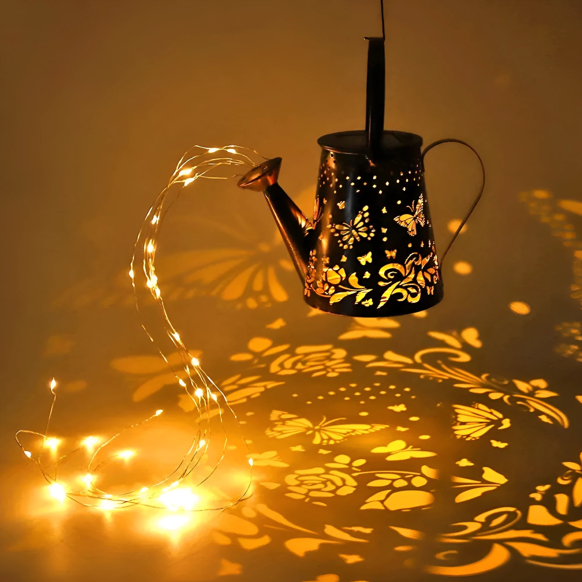 Tapered butterfly pattern solar garden lamp in warm white iron for outdoor decoration.