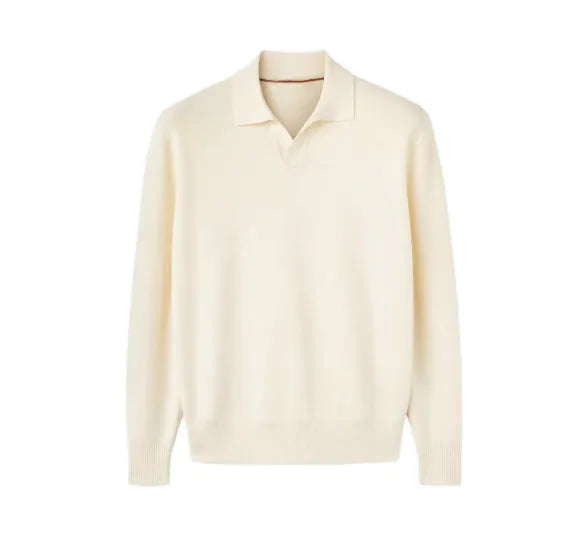 Men's pure wool polo sweater with lapel collar in milky white or navy blue
