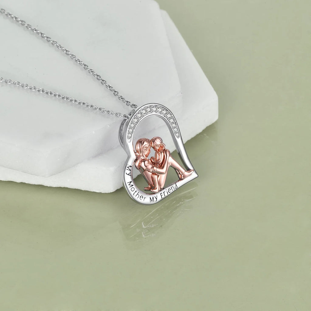925 sterling silver mother daughter necklace with engraved heart pendant reading My Mother My Friend in silver colour
