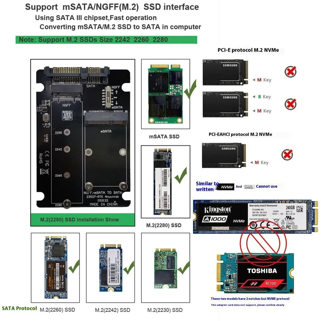 mSATA M.2 NGFF to SATA 3.0 USB 3.0 SSD adapter card with multiple colour options