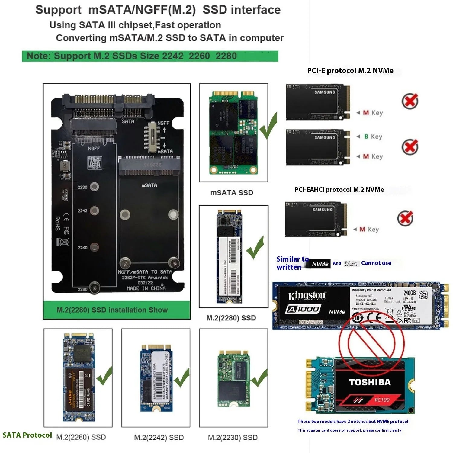 mSATA M.2 NGFF to SATA 3.0 USB 3.0 SSD adapter card with multiple colour options