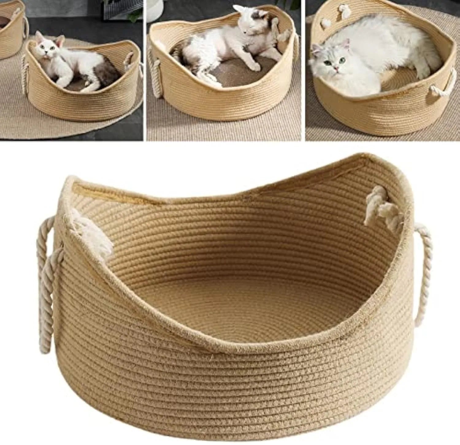Wicker cat bed basket with a corrugated scratching board inside, shown in a home setting.