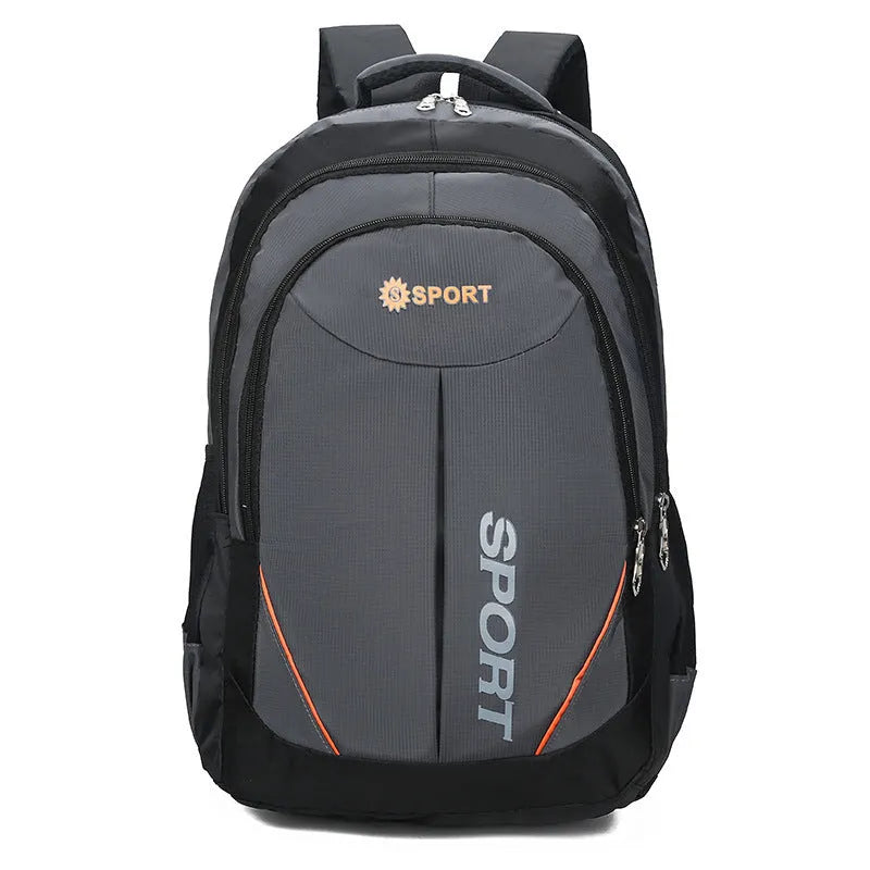Men's large nylon backpack in black with curved shoulder straps and letter detailing, showing front and side views