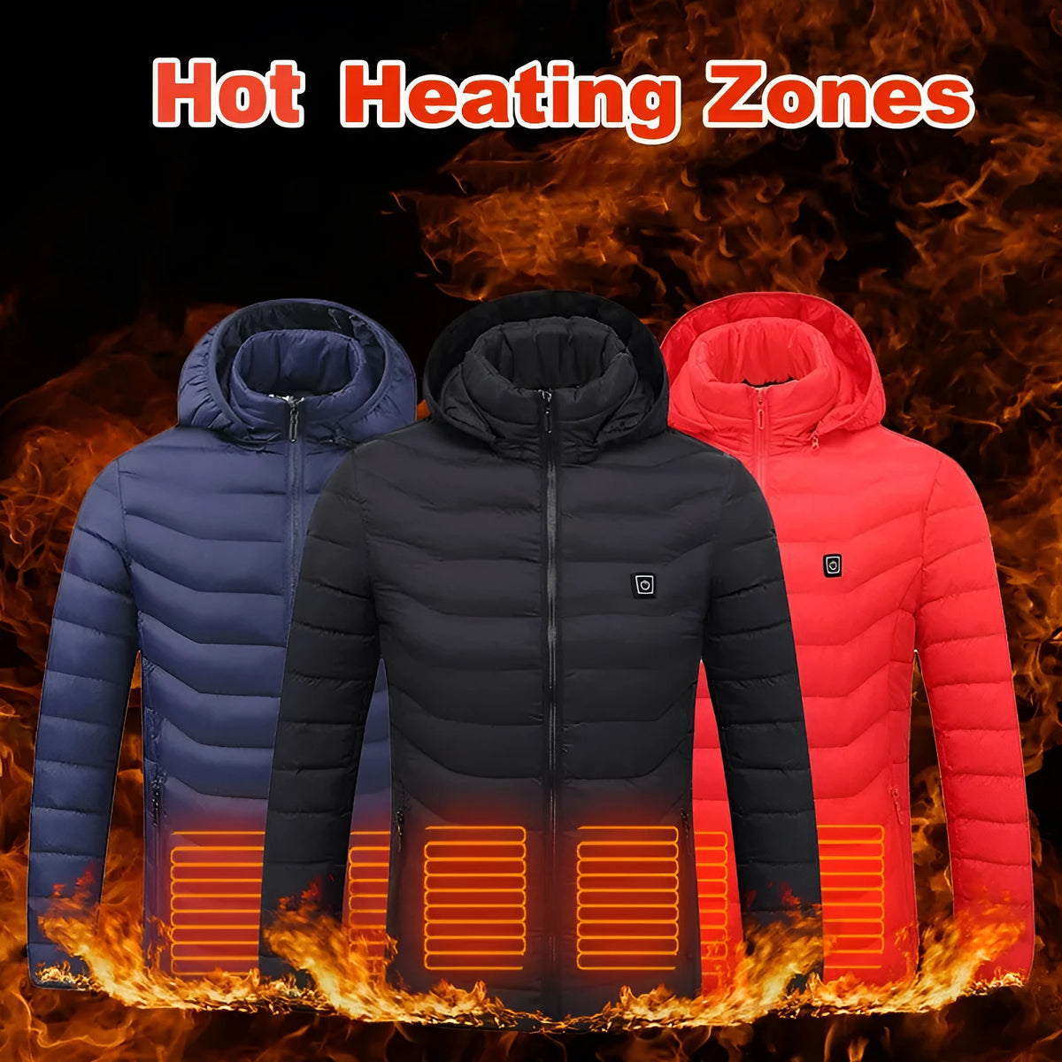 Men's USB heated jacket with detachable hood, shown in black, featuring zip-up front and elastic cuffs.