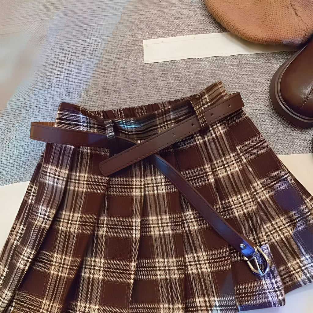 Girls red and black plaid pleated A-line skirt on a hanger.