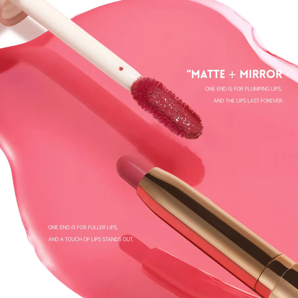 Double-headed lipstick and lip gloss in matte finish showing ten available shade options