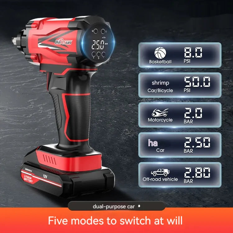 Red and black wireless car air pump with digital display, power cable, and multiple nozzle attachments