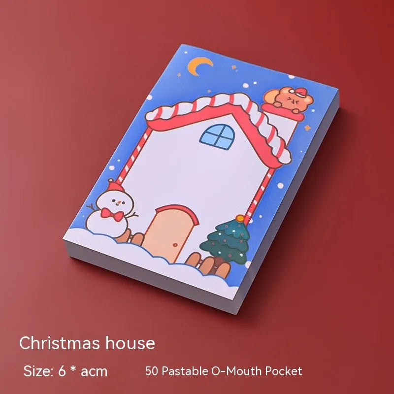 Christmas cartoon sticky notes pad with Santa, snowman, elf, gift, sled, house, bear and crystal ball designs