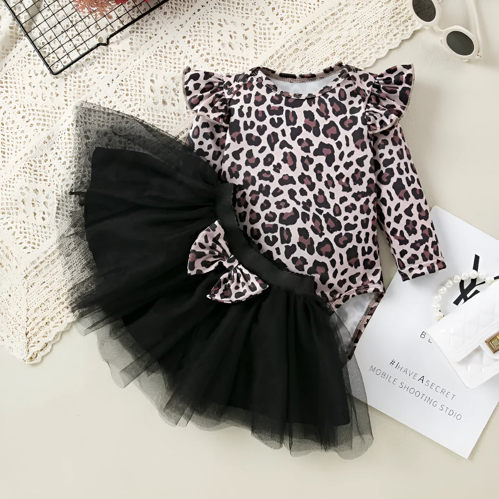 Baby girls' leopard print flounced sleeve mesh dress set long sleeve pullover pink black