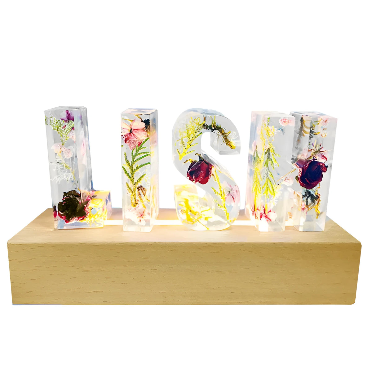 Crystal epoxy dried flower alphabet night light with white base showing letter shape