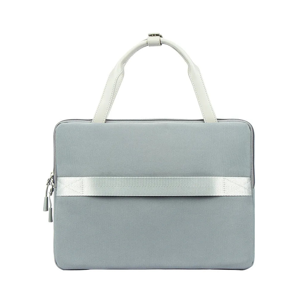 Green polyester laptop bag for 14.2 inch devices with soft handle and zipper pocket