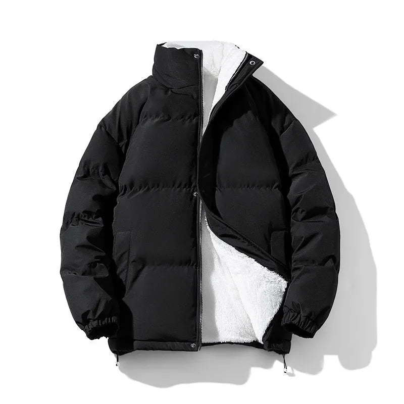 Warm solid color loose stand-collar unisex polyester winter coat in black, front view