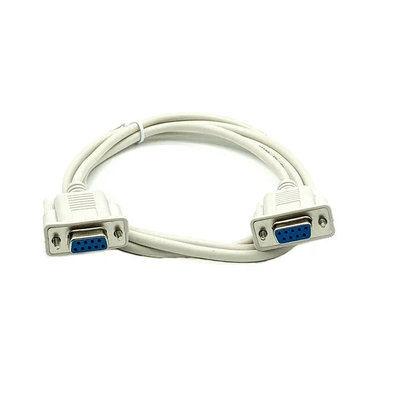 Close-up of a milky white RS232 serial cable with two female DB9 connectors.