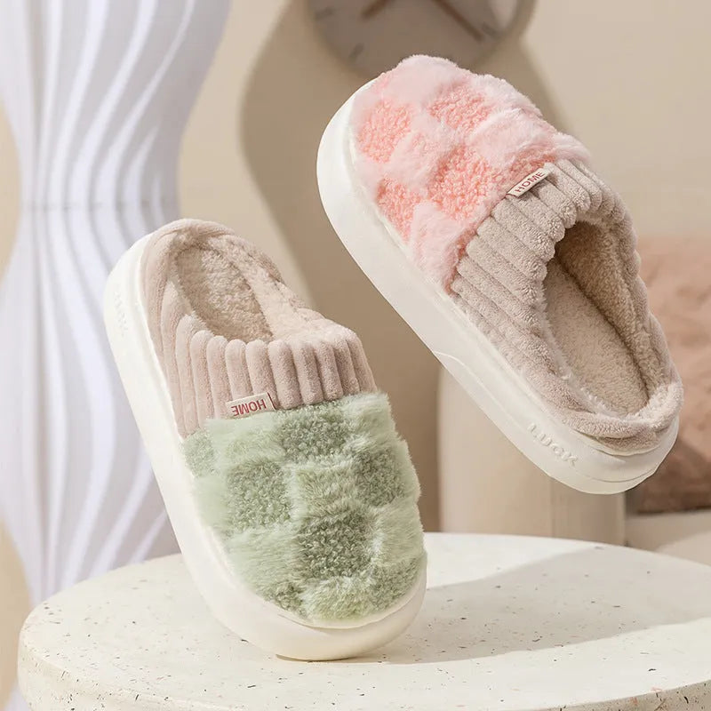 Women's plush indoor slippers with non-slip sole in coffee, green, grey, pink, or white colours