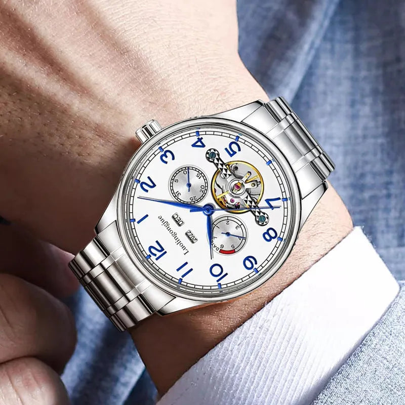 Men's stainless steel mechanical business watch with sapphire glass and genuine leather strap