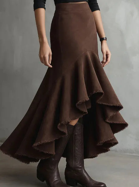 Brown women's maxi skirt with high-low hem and ruffle details in a Western leisure style.