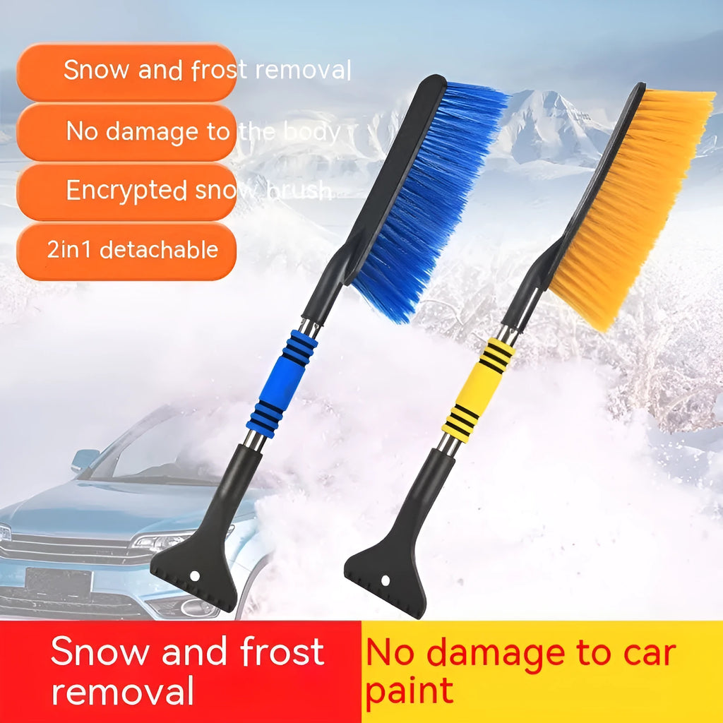 Yellow telescopic long-handled car snow brush and ice scraper on a snowy car windscreen.