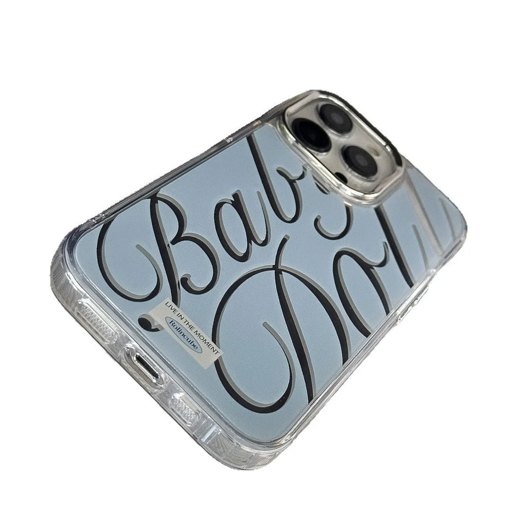 Clear TPU iPhone case with mirrored finish showing JMKJ letters on blue background for models 11 to 16