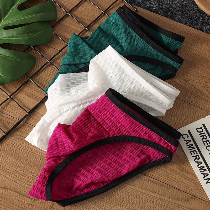 Men's low waist transparent underwear in nylon lace fabric showing breathable quick-drying design