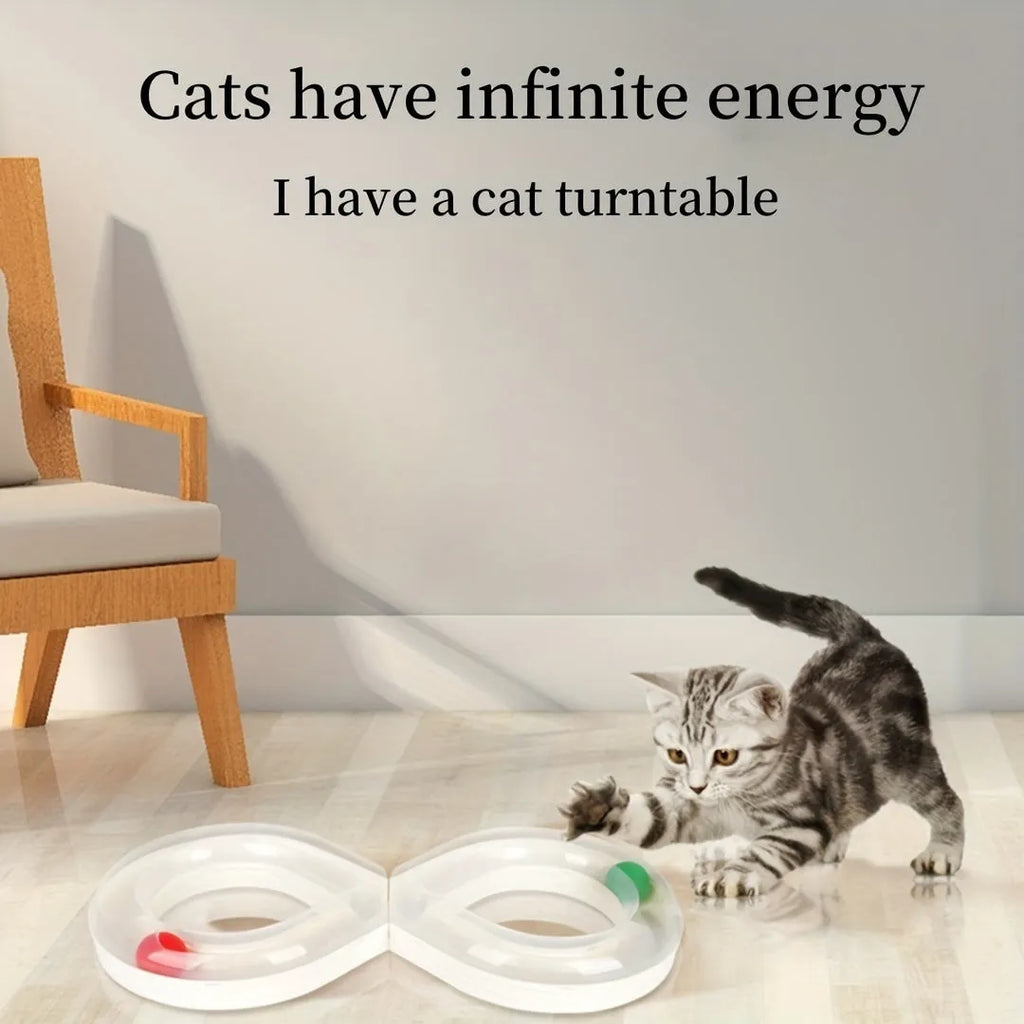 Interactive cat turntable toy with track balls and teasing stick on 50cm base