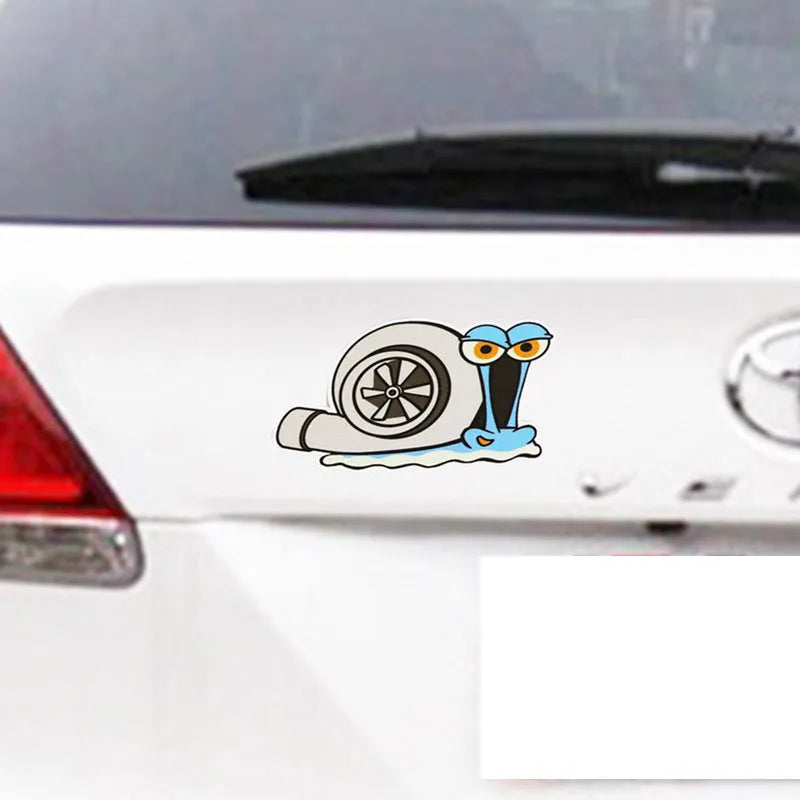 Reflective car bumper sticker with colourful cartoon snail design measuring 12cm by 8cm