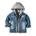Children's grey hooded denim jacket with lapel collar and loose fit design