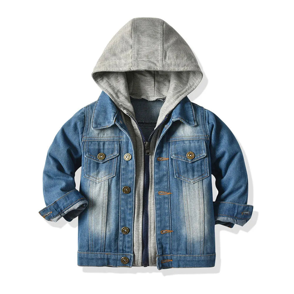 Children's grey hooded denim jacket with lapel collar and loose fit design