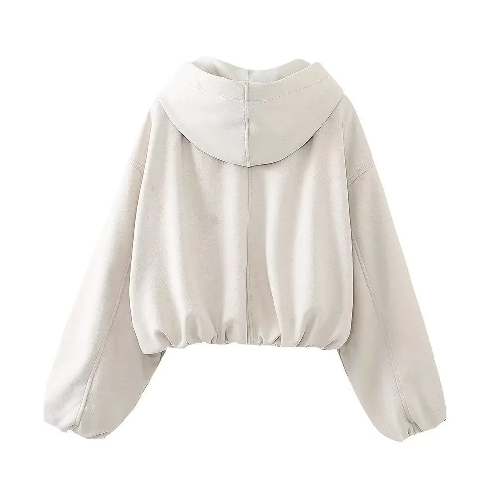 Women's casual hooded jacket in soft suede fabric, shown in black and white colour options.