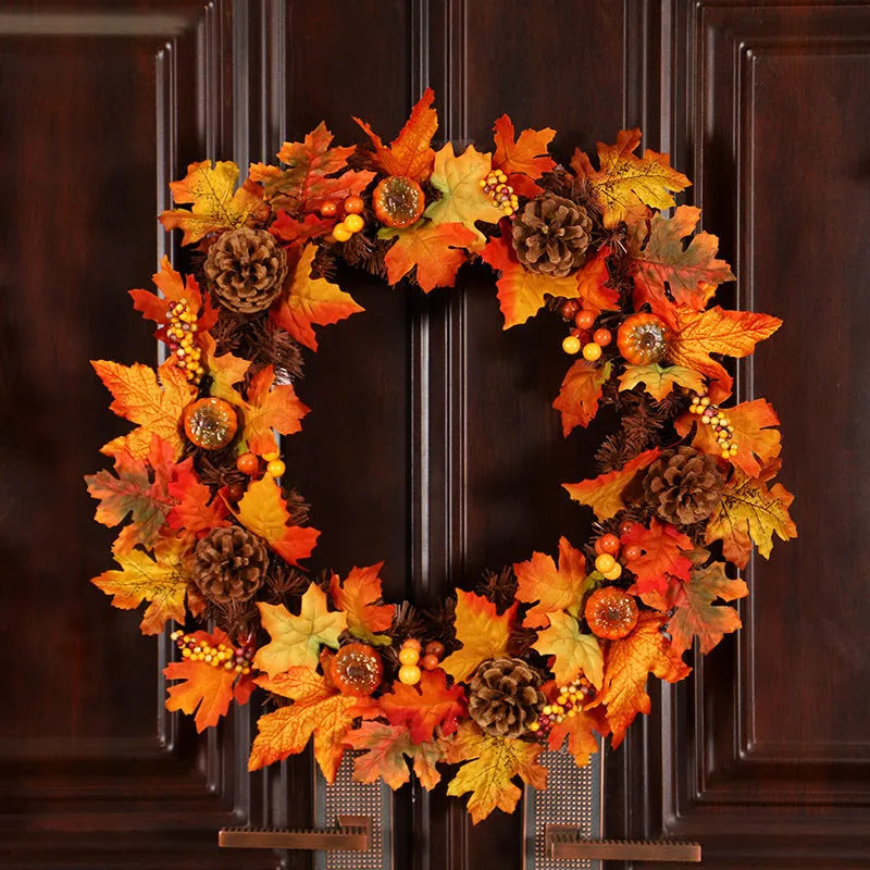 Autumn pumpkin wreath with fabric leaves, simulation pumpkins, berries, and pine cones on a vine ring, 50cm diameter