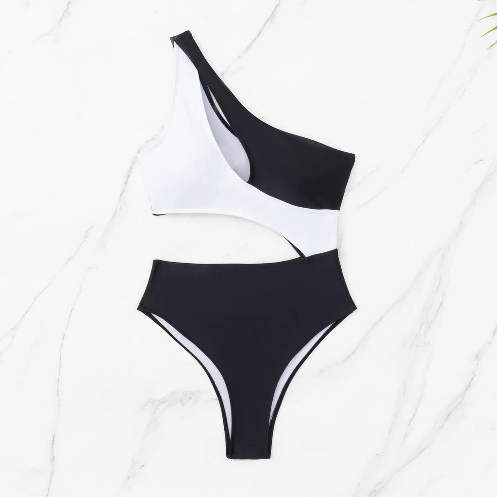 Black women's one-piece swimsuit with contrast stitching and sleeveless hollow design