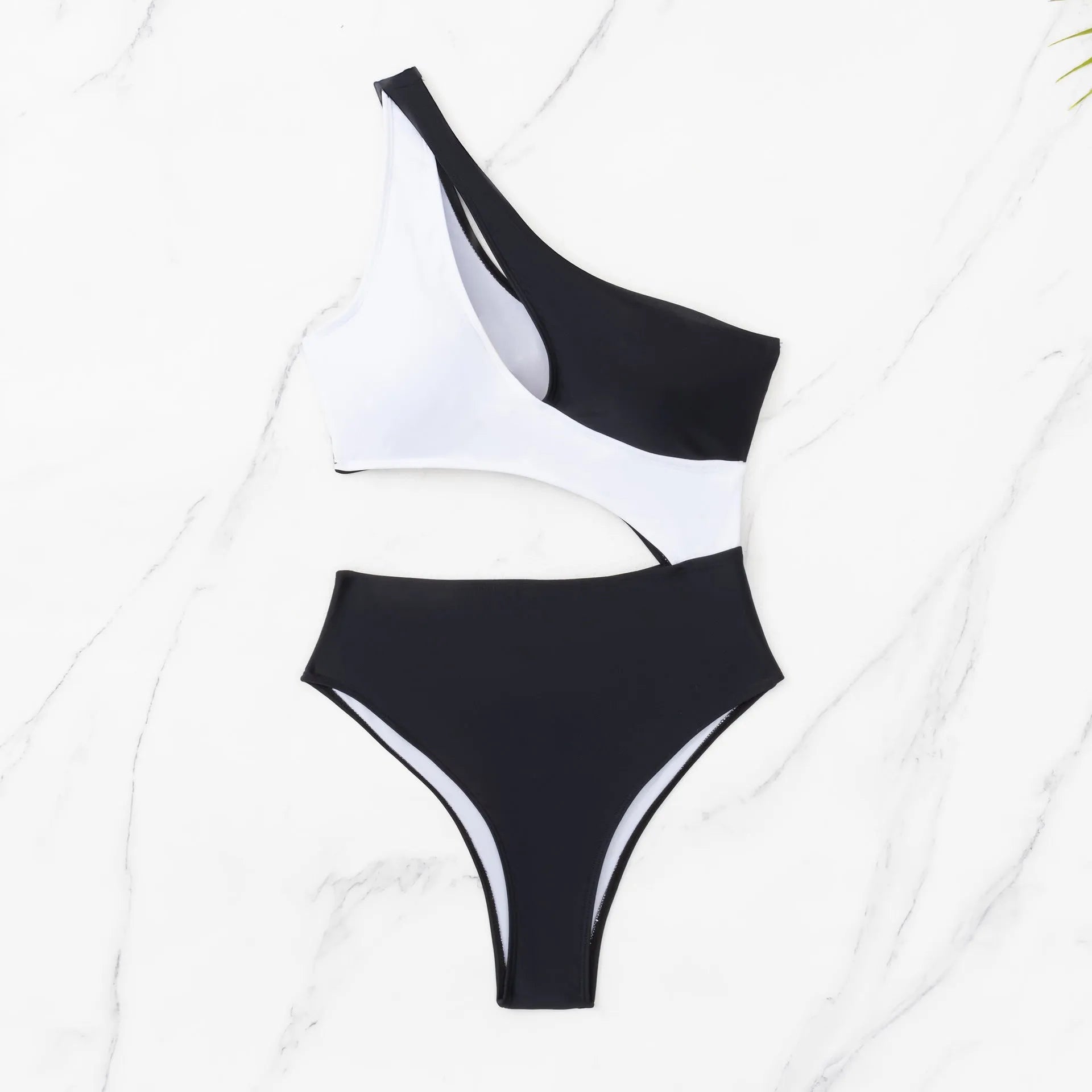 Black women's one-piece swimsuit with contrast stitching and sleeveless hollow design