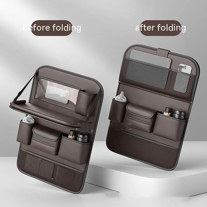 Leather car seat storage bag with foldable dining table in black colour