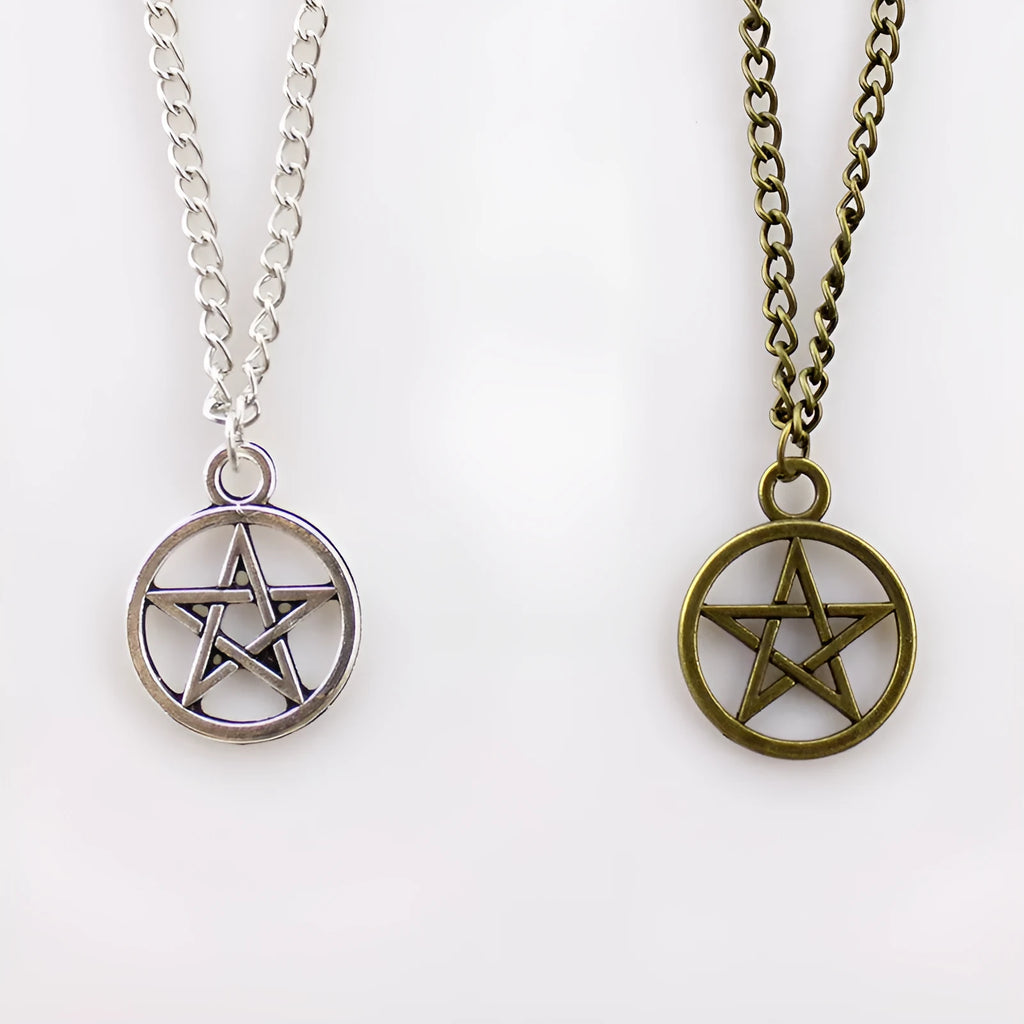 Vintage pentagram necklace with alloy pendant and adjustable chain in bronze colour on neutral background