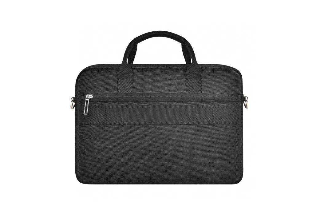 Black Oxford cloth laptop backpack showing multiple pockets and anti-seismic padding for 14-inch or 15.6-inch computers.
