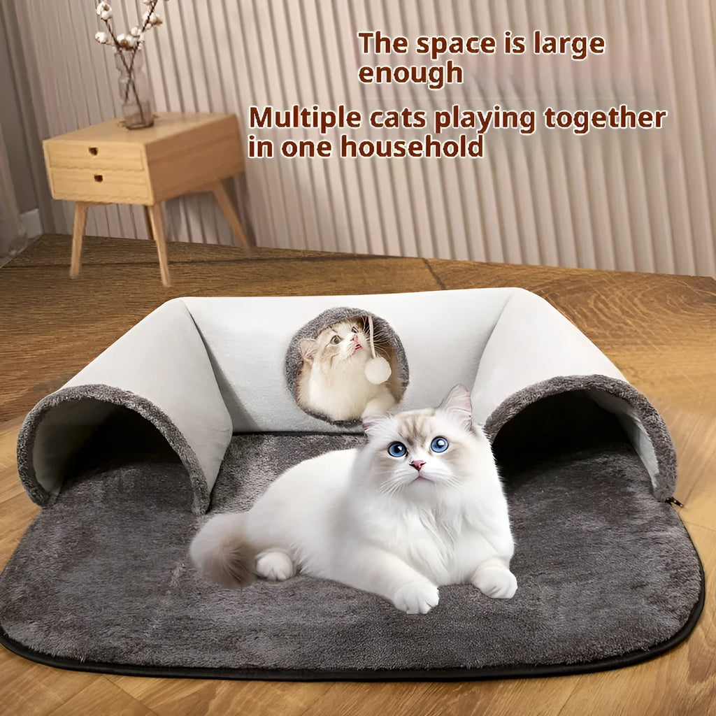 U-shaped cat tunnel channel rolling dragon bed in gray cloth with removable washable cover, large size